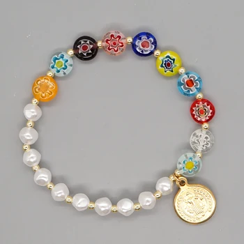 Модные асимметричные браслеты Go2Boho, браслет-оберег для монет, искусственный жемчуг в стиле барокко, Разноцветные плоские бусины с цветочной глазурью, ювелирные изделия для браслетов