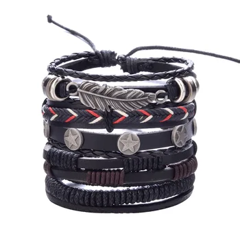 Популярные европейские и американские браслеты, ретро-панк-браслет, комбинированный многослойный лист, перья, браслет ручной работы из искусственной кожи