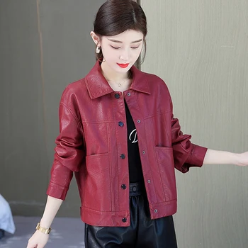 Новая кожаная куртка с отложным воротником красного вина, Женское пальто из искусственной кожи, Корейская мода для похудения, Универсальная Короткая Мотоциклетная одежда
