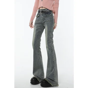 Винтажные синие женские джинсы с высокой талией, американская Обтягивающая уличная мода, Классические джинсовые брюки, повседневные прямые расклешенные джинсовые брюки