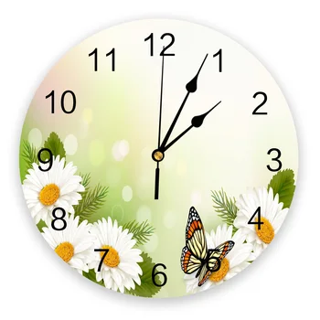 Круглые Настенные Часы с белым цветком, Хризантемой и бабочкой, Подвесные часы с Бесшумным временем, Домашний Интерьер, Спальня, Гостиная, Офисный Декор