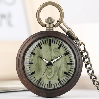 Карманные часы в стиле ретро из черного дерева, подвеска, зеленый циферблат, деревянные кварцевые карманные часы, Светящиеся указатели, Монолитные часы, подарок для мужчин и женщин